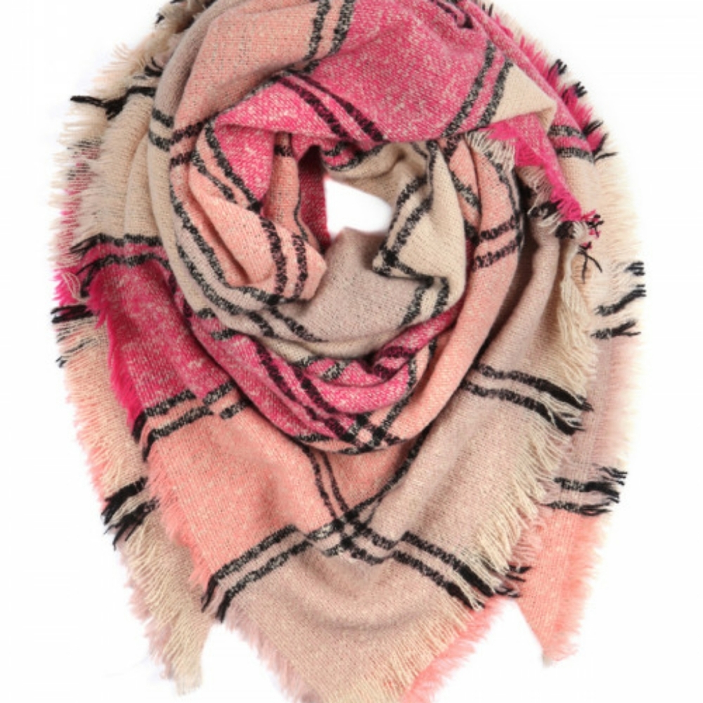 Keeping It Cozy Plaid Blanket Scarf (Pink)